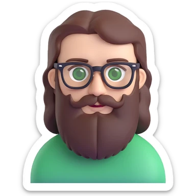 3D style portrait of a white male, mid 30s, green eyes, black square glasses, long brown beard, medium brown hair, neutral expression sticker