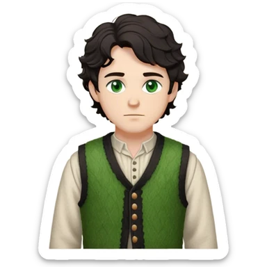 medieval outfit worn by a DnD themed fantasy character. basic rough-spun tunic with a thick wool vest. clothes only above the waist. The clothes full waist. The character's haven't arms. character is black hair green eyes short wavy hair white man. sticker