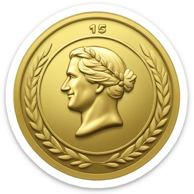gold coin with large "15" label in center and laurel sticker