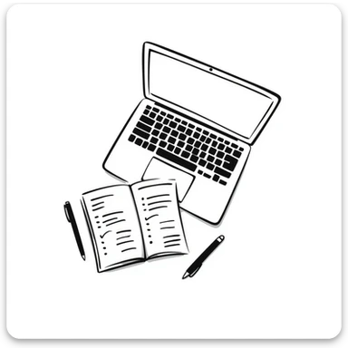 top view of a MacBook and a notebook with a pen nearby, notebook with visible notes sticker