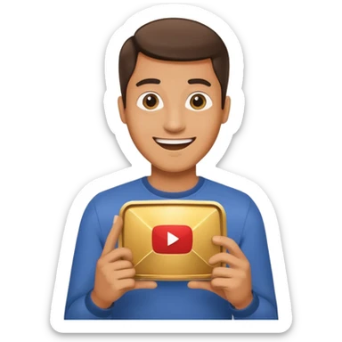 a happy man holding youtube golden play button sticker