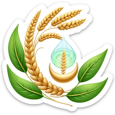Golden wheat ear floating next to green leaves, surrounding an ethereal digestive system in a spiral form. Small cleansing sparkles flow like a river of light, clearing paths and creating internal lightness. The scene shows fiber's cleansing effect on the digestive tract. sticker