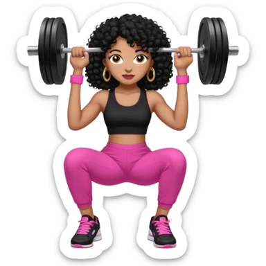 Black woman, adult, 4C black curly hair, dark brown eyes, wearing black top, pink pants, black sneakers, gold hoop earrings,  na academia levantando peso sticker