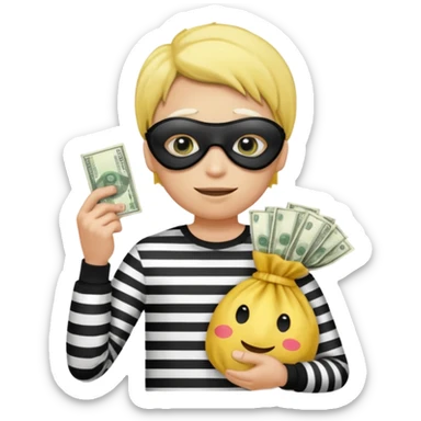 Make a yellow person with a eye mask and black and white shirt and a bag of money sticker