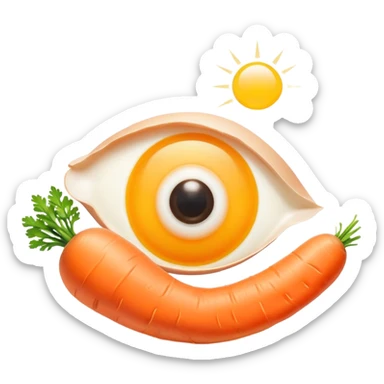 Carrot, chicken, and egg yolk surrounding a simple eye symbol and a small patch of glowing healthy skin. Gentle rays connect the foods to the eye and skin, showing vitamin A's role in vision and skin health. sticker