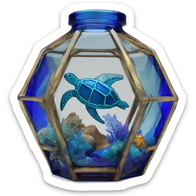 symbolic ocean in a bottle sculpture symbolizing Pisces with a geometric, faceted design sea turtle. The bottle is standing upright with angular and baroque features. The vibrant deep blue waves colors highlights the sharp edges and planes.  sticker
