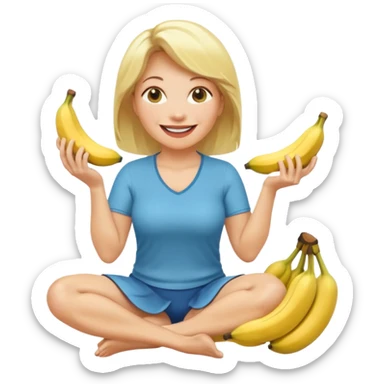 A blonde middle-aged woman kneels with two bananas in her mouth. sticker