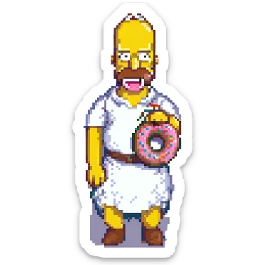 Homer Simpson in pixel art style, simple features, holding a pink frosted donut sticker