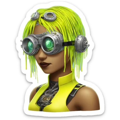 Neon yellow bobbed hair Latina female cyborg head with silver steampunk goggles and circuits sticker