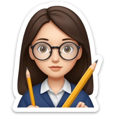 brunette woman with long hair and round glasses, holding a pencil sticker