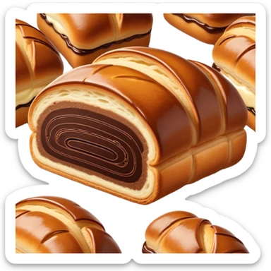 Cinematic warm pain au chocolat, flaky golden-brown pastry with a rich chocolate filling peeking through, perfectly crisp exterior, soft glowing highlights, inviting and indulgent. sticker