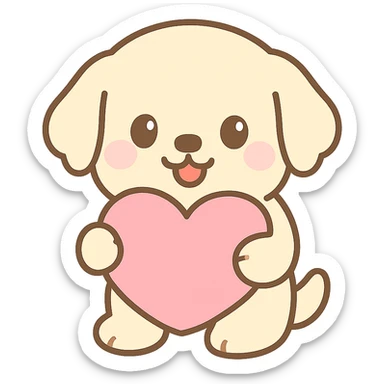 fluffy cream retriever dog holding pretty pink heart cushion, joyful expression sticker