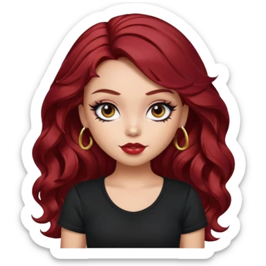 a pretty fair bratz girl with wavy dark red hair, wearing a black tee. eyeliner on sticker
