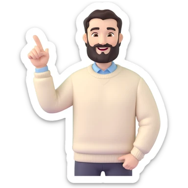 3D cartoon male presenter, dark neatly styled hair, full beard, thick eyebrows, confident friendly smile, wearing cream sweater over pale blue shirt, one hand on whiteboard, other hand pointing sideways, professional approachable, neutral indoor background sticker