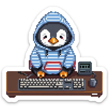 A retro-style penguin with a striped hoodie typing on an old-school computer keyboard sticker