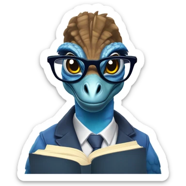 blue velociraptor with glasses reading a book sticker