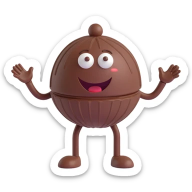 animated chocolate truffle, with arms and legs, happy expression, 3D style sticker
