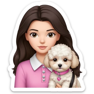 brunette Kendall Jenner with long hair holding on the hands white maltipoo wear on pink collar sticker