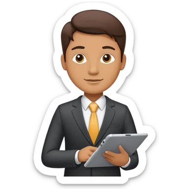 A flat-style illustration of a business executive confidently, holding a digital tablet or folder. The character wears smart business attire sticker