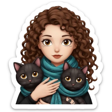 bust woman long curly brown hair brown eyes white skin tattoos with black cat wrapped around shoulders like scarf sticker
