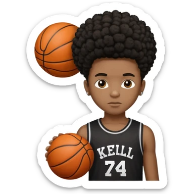 A black brown skin boy with a short small low taper fade Afro with a black short with a basketball on it and a sign on his fourhead that says “K3LL4N/KWEZZY  sticker