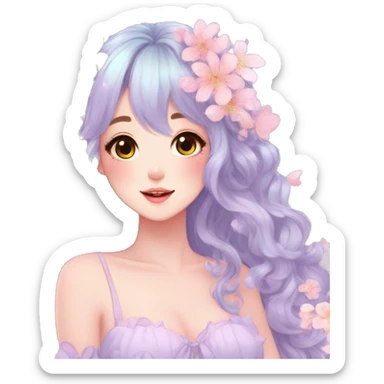 Gorgeous Pastel Anime-Style Lady with beautiful hair flower petals cottagecore fairycore pastelcore kawaii aesthetic trending style sticker