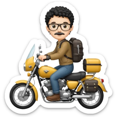 A young boy DEVELOPER WITH A backpack, black curly short hair, wearing glasses, a thin mustache, his skin is white, riding a motorcycle sticker