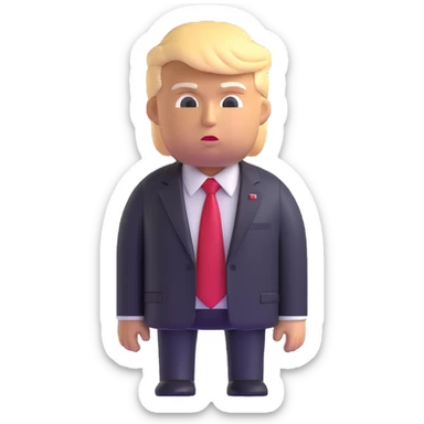 Donald Trump, 3D emoji-style avatar, forward-facing, dark business suit, red tie, realistic but cartoonish, glossy, black background sticker