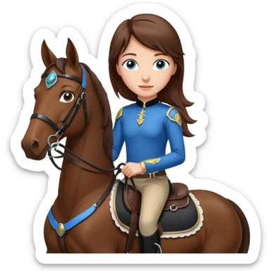 A brown hair, blue eyes girl riding a bay horse with black saddle and bridle sticker