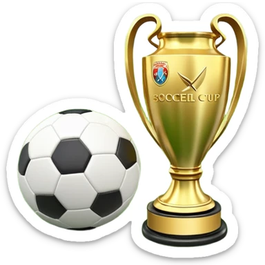 A football resting on the green grass of a soccer field, with goalposts and field markings in the background. In the foreground, the UEFA World Cup trophy gleams, symbolizing the pinnacle of football achievement, adding an element of prestige and competition to the scene. sticker