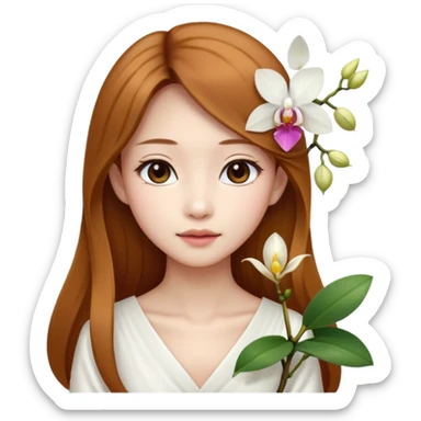 Asian girl with long golden brown hair white skin makeup natural with orchid in her left ear, her dress is white   sticker