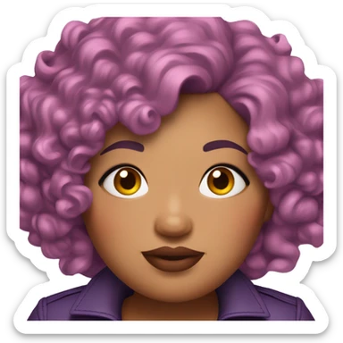Plus size woman with very short pink curly hair and a purple leather jacket with makeup on face. sticker