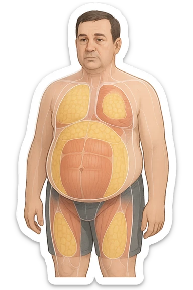 a middle-aged man stands in a clinical setting, with semi-transparent overlays highlighting areas of excess body fat accumulation—such as the abdomen, chest, and thighs. The fat tissue is shown in yellow, contrasting with underlying muscles and organs. The man’s expression is neutral, and the background is clean and modern, emphasizing the educational aspect. sticker