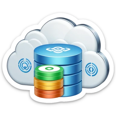 An icon featuring a database server, stacked data disks, and a cloud symbol, representing databases. The design includes binary code, a data structure diagram, and network connections, symbolizing data storage, management, and organization. Transparent background sticker