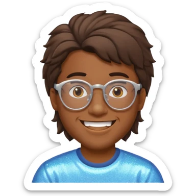 Brown guy with glasses with a whiffed front and puffed mullet, smiling with his teeth together and a sparkle from his teeth sticker