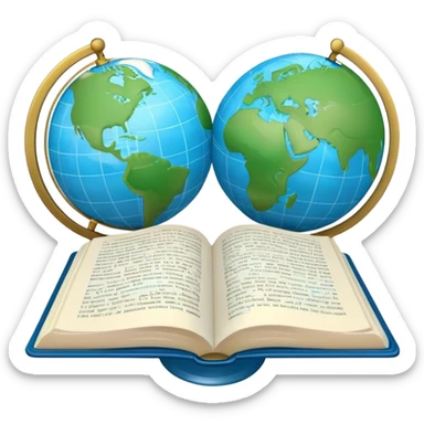 Create an emoji representing language translation. The design should feature a single globe in the background, symbolizing international communication. In front of the globe, place two opened books, with texts in it and a pen nearby to indicate the act of writing and vocabulary. Use a clean and professional color palette with blues, greens, and neutral tones. Do not include any emojis or smiley faces. Make the background transparent sticker