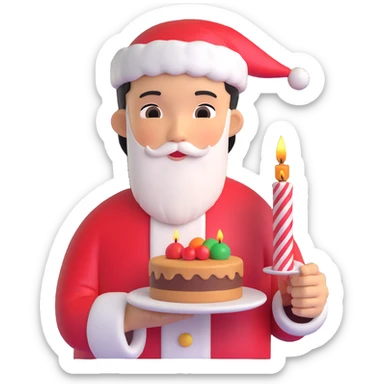 An Asian boy holding a small cake with a candle, Santa Claus in the background sticker