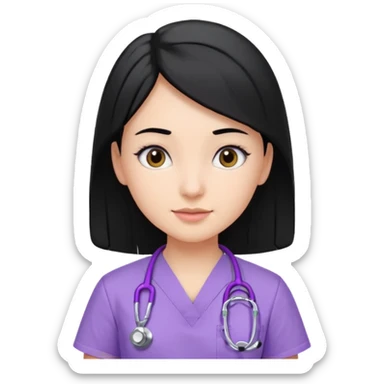 A girl with side parted black hair in lilac scrubs and black stethoscope  sticker