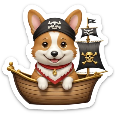 smiling corgi with pirate accessories bandana and gold earring on a cartoon pirate ship sticker