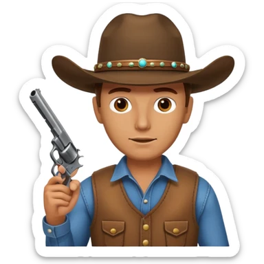 A man holding a pistol with cowboy hat sticker