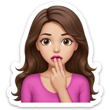 girl with long wavy brown hair, brown eyes, long lashes makeup, sexy pink lips, light to medium complexion, pink sexy top, shocked, hand covering mouth sticker