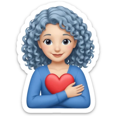 Silver, wavy/curly hair chin-length lady giving hug with 2 arms, blue v-neck and smilingm add a heart sticker