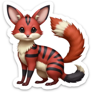  hyper-realistic sanguine-red black-striped natural realistic divine beautiful elegant pretty precious cute young youthful  Fakémon-Pokémon-alien-opossum-squirrel-feline-serval-caracal-chinchilla-Minccino-Cinccino-Meowstic-rodent-hybrid-creature with a big fluffy bushy tail (full body) sticker