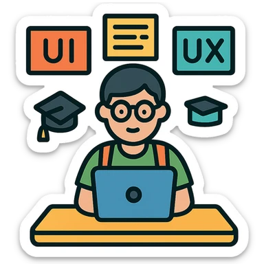 college student at a desk, laptop open, surrounded by UI/UX notes sticker