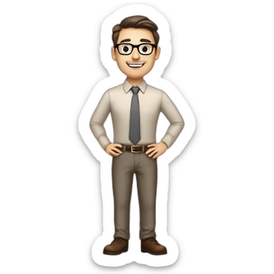 Pale skinned fit man with dark brown hair in gray jacket, beige office shirt, brown tie, brown pants and vintage glasses Writing on the flipchart sticker