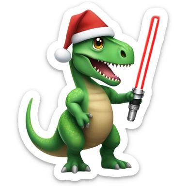 dinosaur holding a lightsaber wearing a santa hat sticker