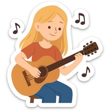 flat toon style of a pretty blonde girl playing guitar with music notes floating sticker