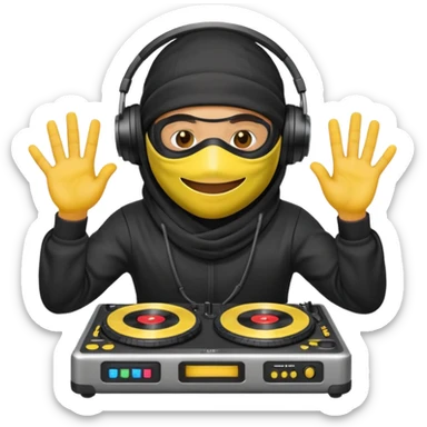 Make a customized yellow head emoji with hands and holding a dj turn table  in a  ninja face mask sticker