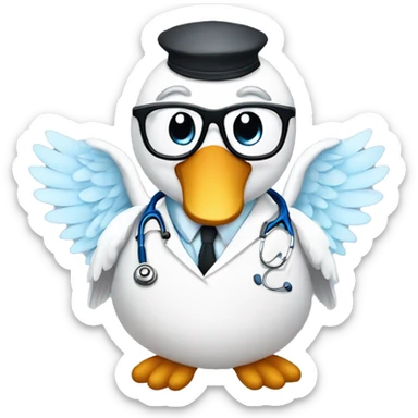 an adult swan with wings dressed with a clinician costume with glasses and a stethoscope sticker
