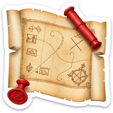 A rolled up treasure map with red wax seal, partially unfolded showing an X sticker